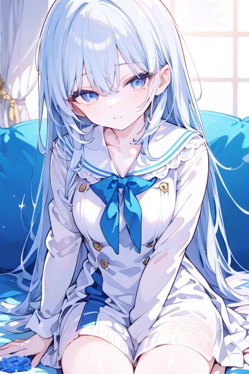 (8K, highest quality, masterpiece:1.2),(Blue colored eyes),((Clothing Details)),High-definition CG Unity 8K, concentrated, Realistic, Shadow, Soft lighting, Gray Hair, Flutter Hair, nice, A gentle smile, Sailor suit, Blue Skirt、Long sleeve, ribbon, gloves, Choker Noble Necklace. (blush:1), Knee socks、 Embarrassed look、The expression of someone who is holding back from going to the toilet, (Sexual pleasure expression:1.4), (Anguished expression:1.2)、close your eyes、Sexy appearance、Look Up、Mouth half open、whole body