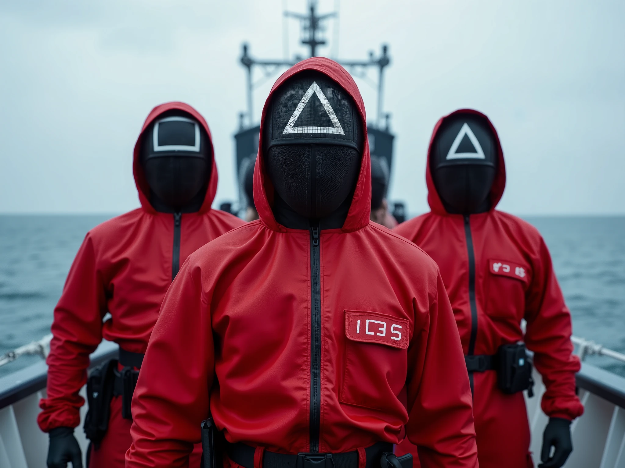 A Squid game guard dressed in a red hooded jumpsuit, black gloves, and a tactical belt. The guard wears a sleek black mask with a white geometric symbol (star) covering the face on a massive ship in the middle of the ocean, each with clearly defined and detailed faces, proudly displaying 3 more guards dressed in a red hooded jumpsuit, black gloves and a tactical belt wearing a sleek black mask with a white geometric symbol (triangle), the sea stretching endlessly under an overcast sky, the fishermen wearing rugged gear and showing expressions of awe and pride, the scene filled with realism and maritime adventure, shot with a 240MP camera, 80mm lens, vivid and dramatic color palette.