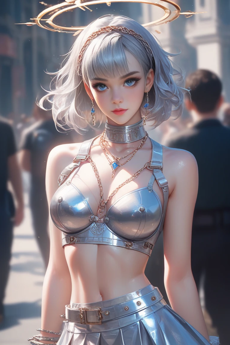 (photorealistic:1.8, highest quality:1.8,8K masterpiece:1.8,High resolution,muste piece:1.8,RAW Photos,cinematic lighting),No split screen, cyber punk、Back alley of the city at night、rain-soaked ground、vapor、
(1 android girl:1.3)、Completely naked、Full body tattoo、choker、beautiful breasts、shirt、Denim Micro Shorts、beautiful butt,beautiful thighs,plump nipples、Nipples are visible through the costume,cameltoe,Body painting with a pop design drawn all over the body、pop art design、cutting edge fashion、conceptual art、
(Beautiful, shining pale-white, gray-gold hair:1.5)、Wistful
