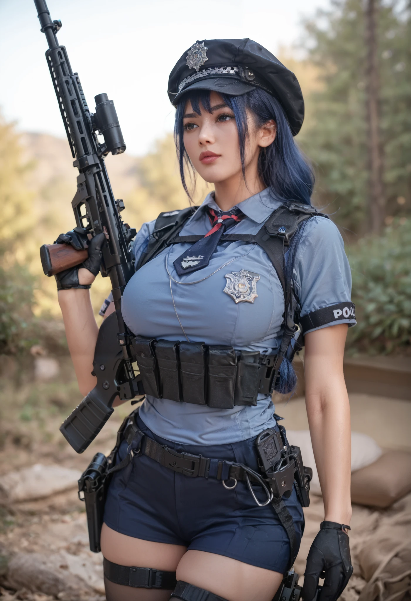 photo of 1 Beautiful Asian woman in her 20s, long red hair (ponytail hairstyle) defined fitness body, hot ,Giant breasts, wearing a police uniform, DOA Ayane Police Costume (blue hair),corpo ampulheta