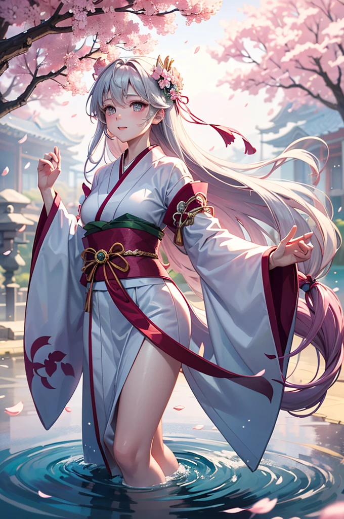 woman, long hair, white hair, pink eyes, wears a traditional Japanese bra, her pants are white, on her top she doesn't use anything just bandages to cover herself, on her right arm she wears bracelets , scenery and a moon with cherry blossoms over it