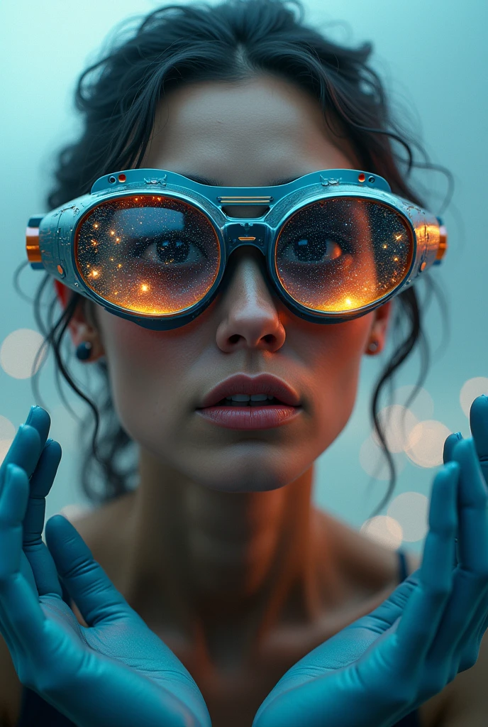 The model is wearing glass sunglasses with stars and the moon on the glass