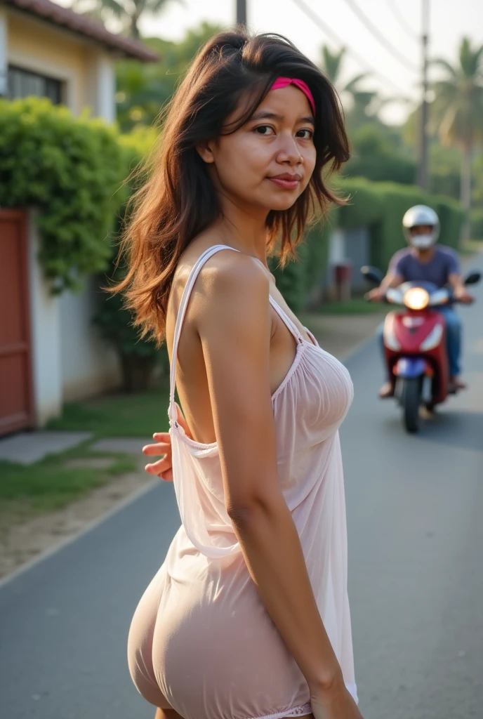 Sweet beautiful Bogor city girl, sassy girl, georgeus face, 25 years old, slim body, roman nose, messy wavy black hairs with a bangs blown by the hard wind, descent mixed from sundanese and javanese, wearing thin full see through white unbuttoned lace tank top t-shirt blown by the wind, hairy vagina exposed clearly through the clothes, wearing high heels, wearing lace pink panty, no bra, very realistic, very detail, walking cheerful in the sunny morning on windy dusty street at Bogor, happy sweet face, very cute laughing, her body and her messy dense pubic hairs are very exposed through the clothes, sun shining her body through the clothes, from top of head to the toes are visible, very hard wind that blowing everything, hard windy enviorement, many dry leafs falling blown by the wind,