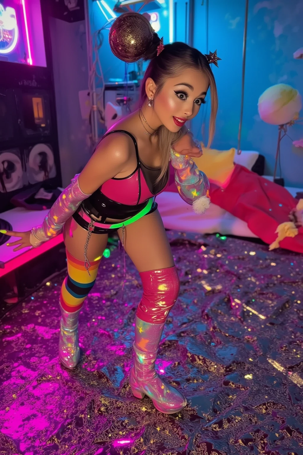 A cute woman, colorful rainbow hair, chromatic eyes, gold body jewelry, posing with crazy appliances, flirting with camera, best quality, 4k, 8k, highres, masterpiece:1.2, ultra-detailed, realistic, photorealistic, photo-realistic:1.37, HDR, UHD, studio lighting, ultra-fine painting, sharp focus, physically-based rendering, extreme detail description, professional, vivid colors, bokeh, portraits, photography