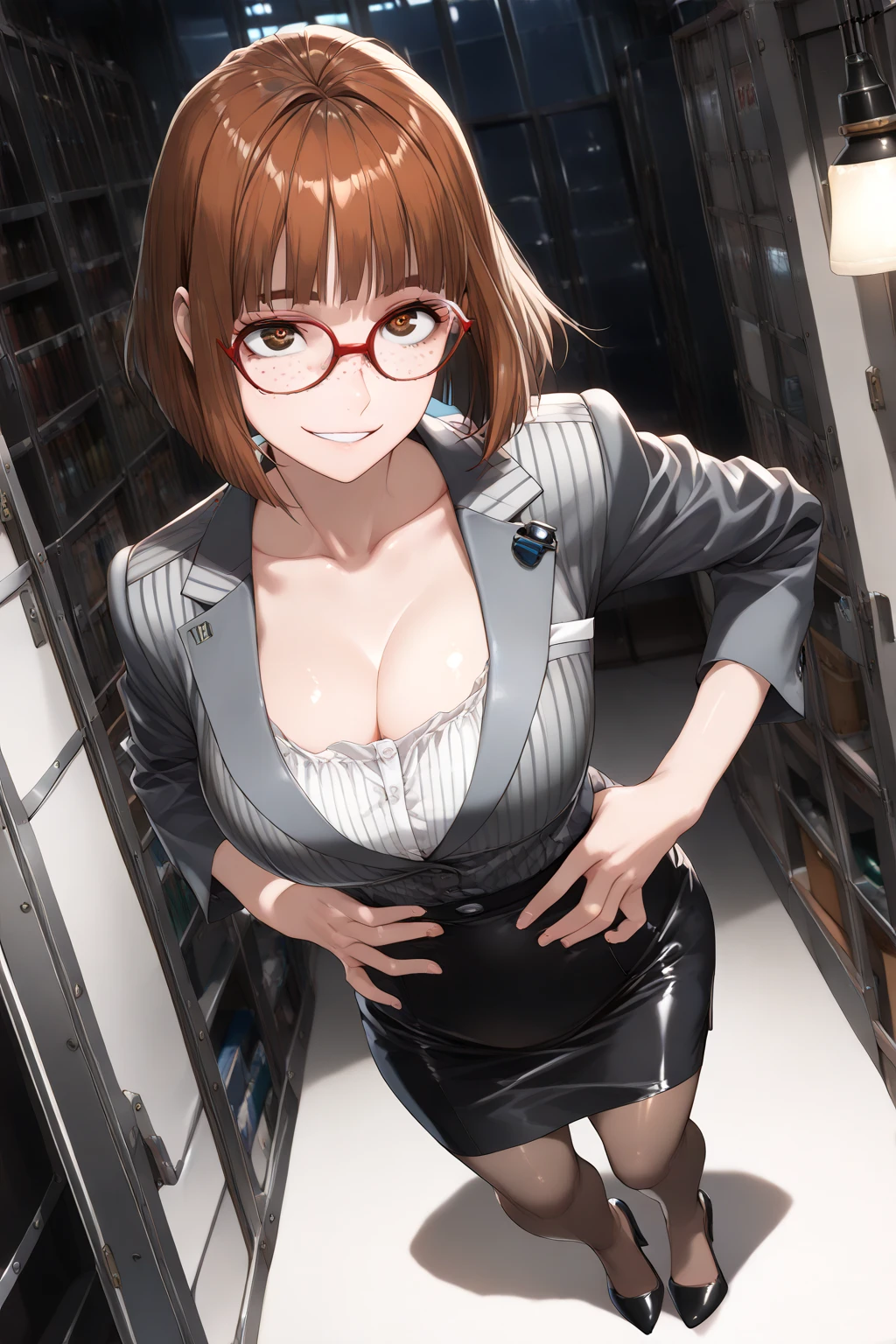 in the office, 1 brown bob hair woman, glasses, glossy mouth, happy:1.3 smile, jumping:1.2, Omu joy, orverhead, masterpiece.
