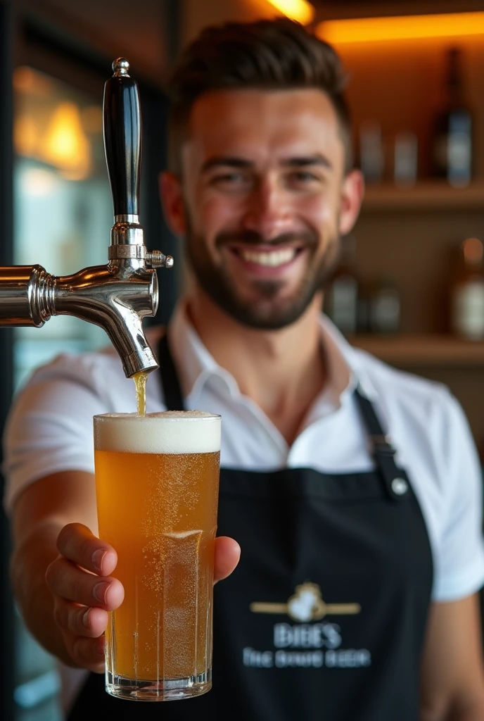 a lovely smiling shaggy hairy bearded woman is holding a mug of beer