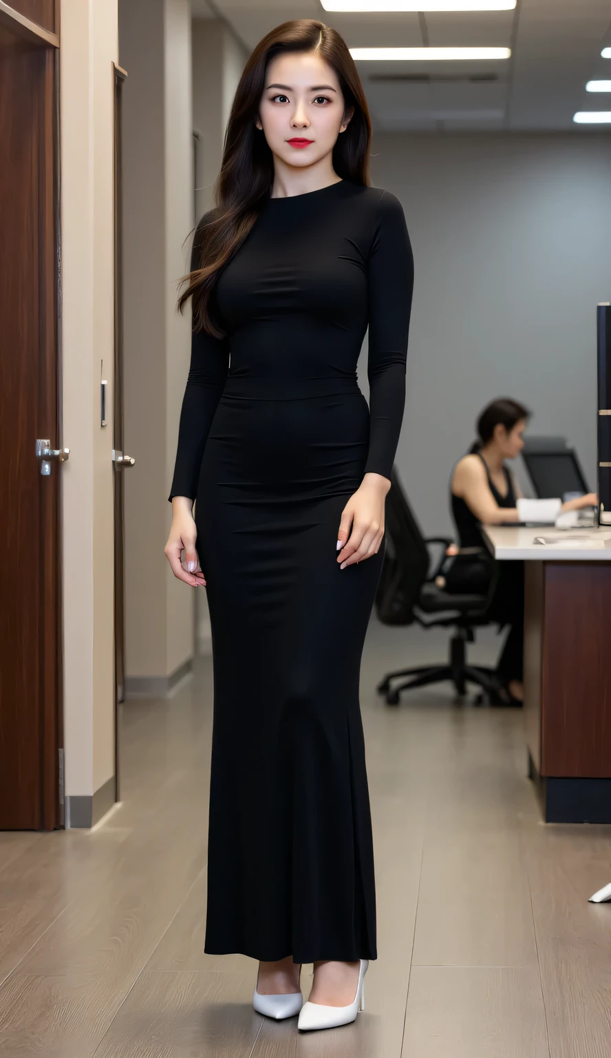 a woman, standing in the office, shirt looks full body,  body facing front, wearing a black long-sleeved t-shirt , wearing a long skirt up to the toe maxi model in black, wearing white higheels, big , thick red lips, seductive face,  slim waist, thick long black hair