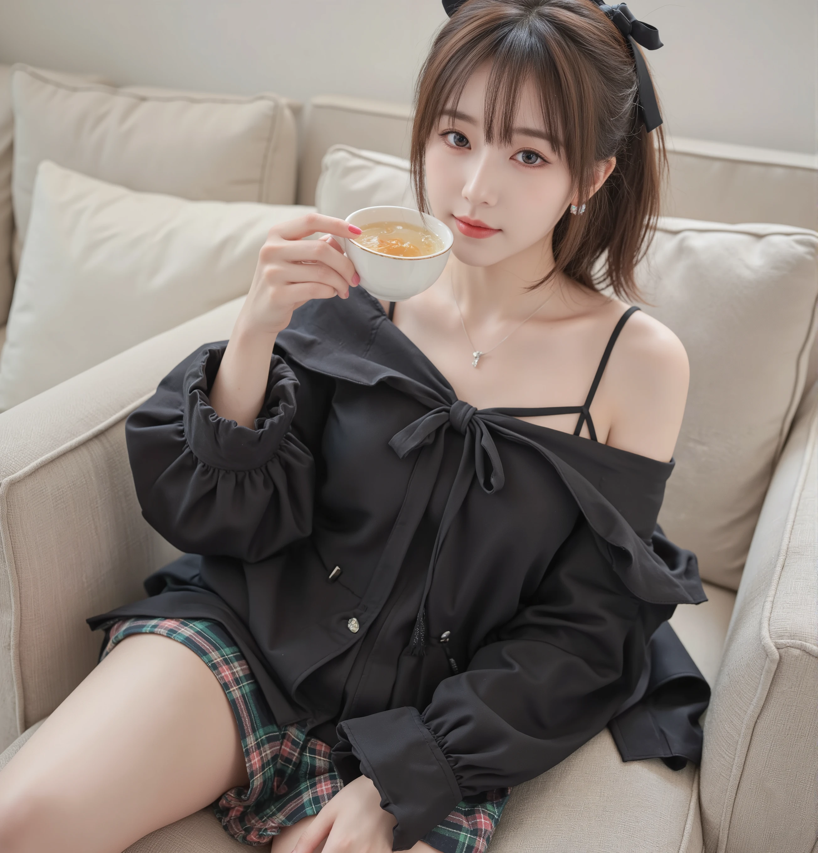 high quality of wavy lines,realistic,Detailed skin texture,Beautiful Japanese 18 year old woman,A pretty expression,seductive smile,virtual YouTuber,4K,fantasy,portrait,details,real,professional,vivid,Bokeh,studio lighting,extreme detail,photo shoot,high dynamic range that closes one eye short ponytail (brown hair 1:2)brown eyes Big cute eyes Young face high nose small mouth long eyelashes double eyelids model figure black ribbon earrings,necklace Natural Makeup 赤い口紅,Big Breasts 1:2,stares at the audience Full body (loose and oversized black rider suit) black blouse plaid mini skirt colorful nail polish Sit on the sofa and drink tea upper body zoom up