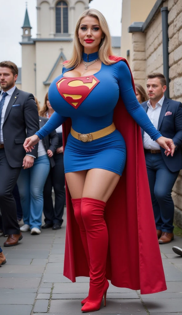 (best quality)), ((masterpiece)), ((realistic)), (detailed), detailed face,supergirl Beautiful woman (20 years old, long blonde hair, blue eyes) defined body, detailed, using tube dress cosplay supergirl suite,(((huge breasts)))