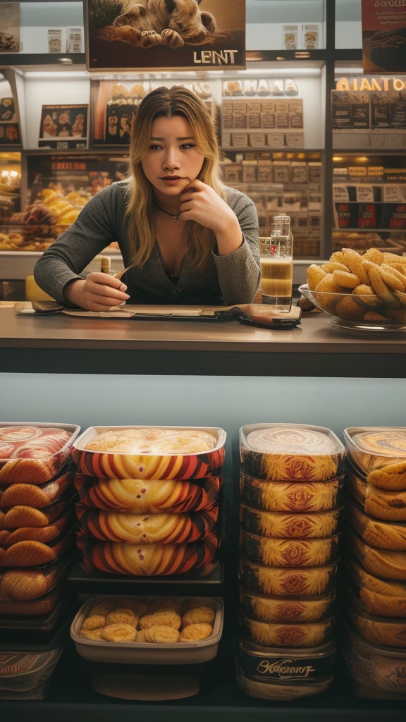Christina Hendricks, (Christina Hendricks:1.5), masterpiece quality, (masterpiece quality:1.3), detailed, realistic, (realistic:1.3), 1girl, solo, (solo:1.9), alone, at a buffet restaurant, food in background, Thanksgiving day feast, food on shelves in background, food on table in background, wearing choker collar, naked body, (naked body:1.5), small breasts, (small breasts:1.5), thin body, 