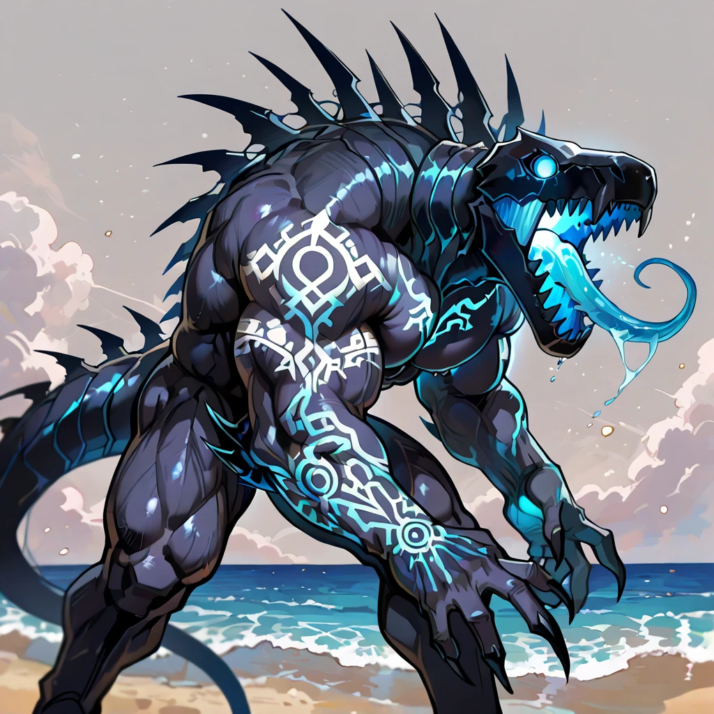 score_9, score_8_up, score_7_up, score_6_up, 4K, UHD, masterpiece, best quality, amazing quality, very aesthetic, absurdres, newest, scenery, (heartless Crystal reptile, muscular, feral, big muscles, glowing white public tattoo), (1man, Solo), Open Mouth, long Tongue, detailed eyes, beach, (sharp teeth), (by magangz), Depth Of Field, Film Grain, Drop Shadow, Glowing Light, Simple background, sharp_LASCALAE, ultra sharp focus,