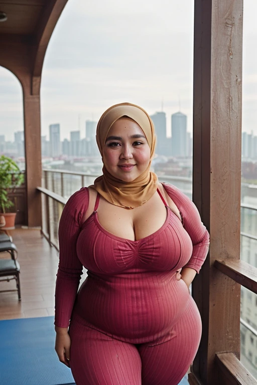 55 Years old, Indonesian mature woman, wearing Wide Hijab, perfect curvy body, natural Huge breast : 42.9, gorgeous eyes, Soft smile, wear a red Sport bra and a tight Legging, necklace, hairband, Nightime walk, City garden, Excellent lighting, Dark colors, Clean lines