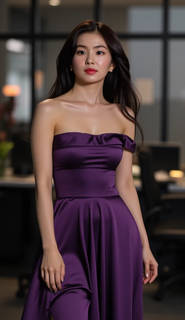 asian girl wearing an elegant top or dress at night, in the style of iconic album covers, neon-infused digitalism, animated gifs, light purple and light amber, i can't believe how beautiful this is, soft-focus portraits, chicano-inspired --ar 1:2 --stylize 750 --v 6