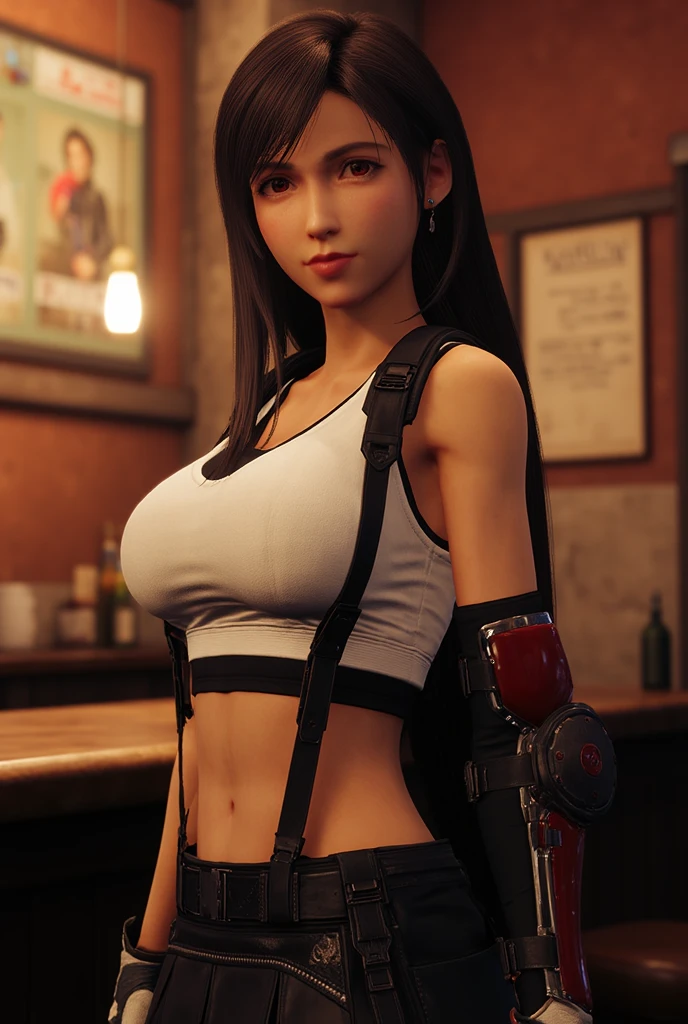 aaa video game, ray tracing, (8k graphics), (best quality), solo, (anime eyes:0.9), curvy female bartender, long straight black hair, face : ((tifa lockhart), smiling, looking at viewer), figure : (very fat breasts, overweight breasts, heavy breasts, thick breasts, slim attractive waist, toned highs, gigantic breasts, pokies), slim and busty body type, clothes : (too small, overly-stuffed skintight black sports bra, white tank top, visible cleavage, exposed midriff, pleated black mini skirt, black knee socks, red combat boots) , setting : (dimly lit bar), pose : (leaning against a counter), amazing lighting and shadind detail, intricate shadow,