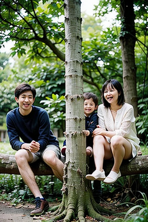 Imagine a nice of family of 2 boy with their parents dinning in front of the riverbank, doing storytelling.