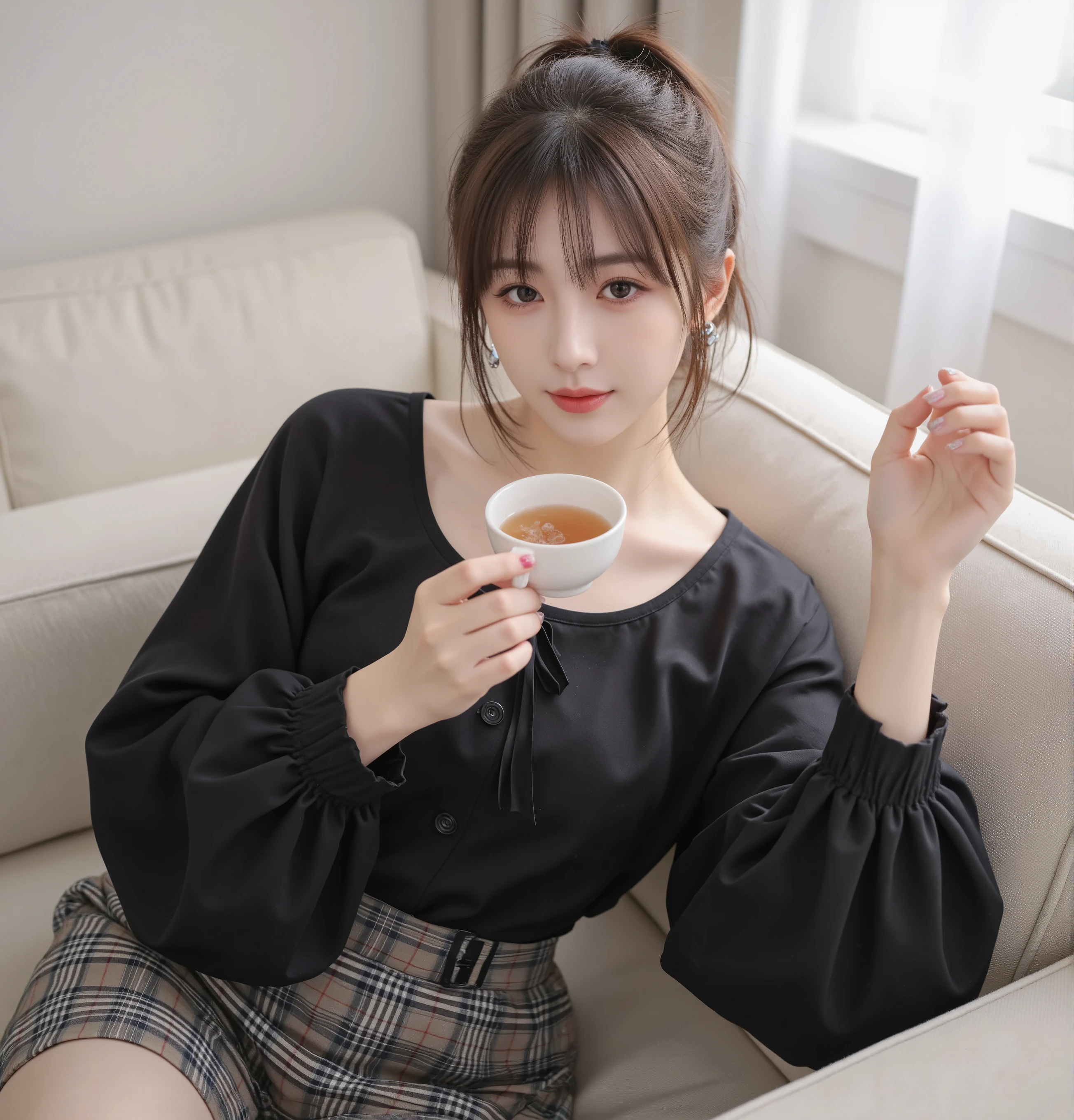 high quality of wavy lines,realistic,Detailed skin texture,Beautiful Japanese 18 year old woman,A pretty expression,seductive smile,virtual YouTuber,4K,fantasy,portrait,details,real,professional,vivid,Bokeh,studio lighting,extreme detail,photo shoot,high dynamic range that closes one eye short ponytail (brown hair 1:2)brown eyes Big cute eyes Young face high nose small mouth long eyelashes double eyelids model figure black ribbon earrings,necklace Natural Makeup 赤い口紅,Big Breasts 1:2,stares at the audience Full body (loose and oversized black rider suit) black blouse plaid mini skirt colorful nail polish Sit on the sofa and drink tea upper body zoom up