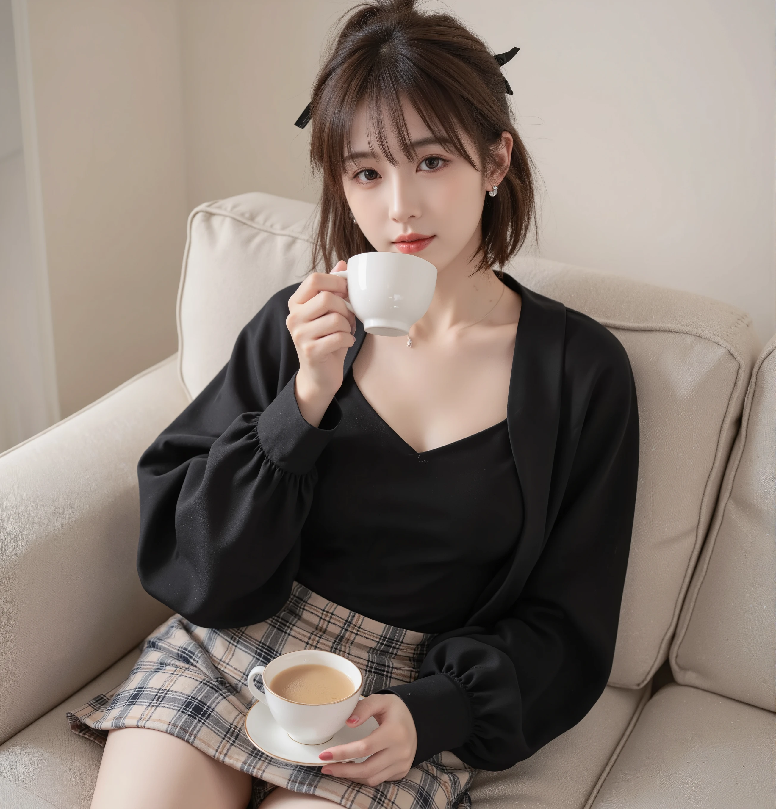 high quality of wavy lines,realistic,Detailed skin texture,Beautiful Japanese 18 year old woman,A pretty expression,seductive smile,virtual YouTuber,4K,fantasy,portrait,details,real,professional,vivid,Bokeh,studio lighting,extreme detail,photo shoot,high dynamic range that closes one eye short ponytail (brown hair 1:2)brown eyes Big cute eyes Young face high nose small mouth long eyelashes double eyelids model figure black ribbon earrings,necklace Natural Makeup 赤い口紅,Big Breasts 1:2,stares at the audience Full body (loose and oversized black rider suit) black blouse plaid mini skirt colorful nail polish Sit on the sofa and drink tea upper body zoom up