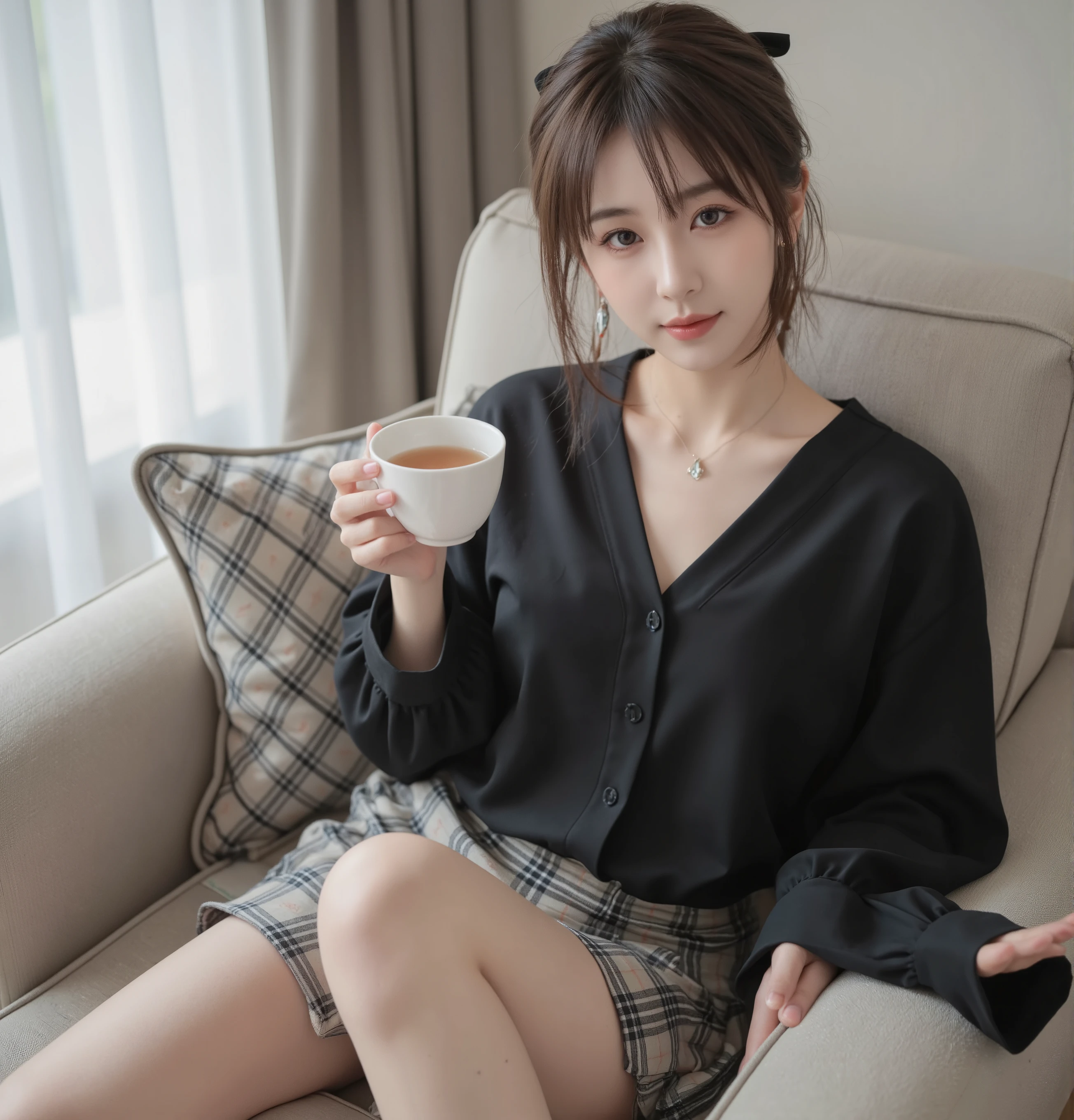 high quality of wavy lines,realistic,Detailed skin texture,Beautiful Japanese 18 year old woman,A pretty expression,seductive smile,virtual YouTuber,4K,fantasy,portrait,details,real,professional,vivid,Bokeh,studio lighting,extreme detail,photo shoot,high dynamic range that closes one eye short ponytail (brown hair 1:2)brown eyes Big cute eyes Young face high nose small mouth long eyelashes double eyelids model figure black ribbon earrings,necklace Natural Makeup 赤い口紅,Big Breasts 1:2,stares at the audience Full body (loose and oversized black rider suit) black blouse plaid mini skirt colorful nail polish Sit on the sofa and drink tea upper body zoom up