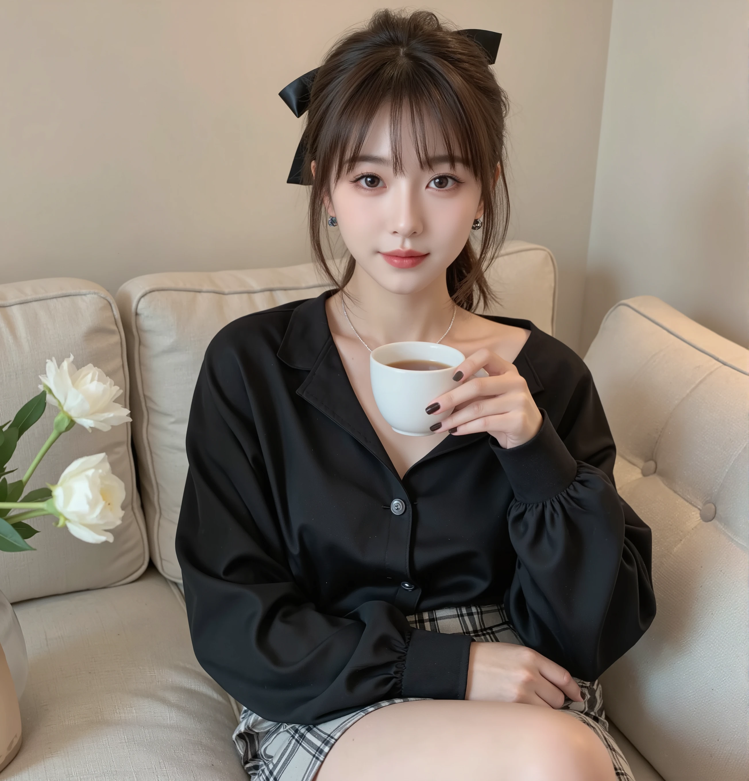 high quality of wavy lines,realistic,Detailed skin texture,Beautiful Japanese 18 year old woman,A pretty expression,seductive smile，virtual YouTuber,4K,fantasy,portrait,details,real,professional,vivid,Bokeh,studio lighting,extreme detail,photo shoot,high dynamic range that closes one eye　short ponytail　（brown hair 1:2）brown eyes　Big cute eyes　Young face　high nose　 small mouth　long eyelashes　double eyelids　model figure　black ribbon　earrings，necklace　Natural Makeup　赤い口紅，Big Breasts 1:2，stares at the audience　Full body　（loose and oversized black rider suit）　 black blouse　plaid mini skirt　 colorful nail polish 　Sit on the sofa and drink tea　upper body zoom up