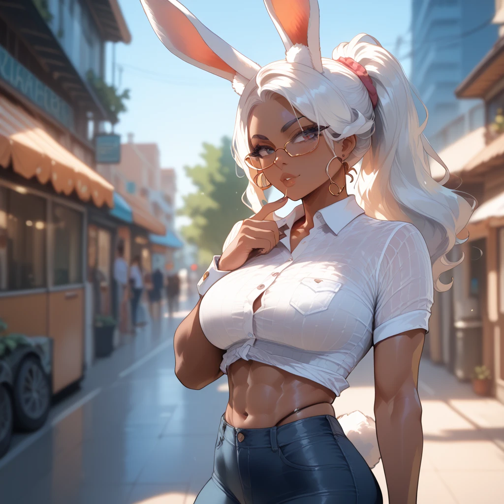 1girl, (, viera:1.1), bunny ears, (dark skin tone:1.1), bunny girl, white hair, detailed eyes, (looking at viewer:1.2), parted lips, (erotic posture:1.3), wearing shirt white tight and ripped short denim shorts, (in sakura warm spring, outdoors:1.1), anthropomorphic, dripping, wet, stylized portrait, dark fantasy, by greg rutkowski, trends in detailed artstation, award-winning illustration, hd, 4k, artwork digital, highly detailed, cinematic lighting, vibrant colors, in the style of noah bradley, Beksinski, (floating petals: 1.1)l