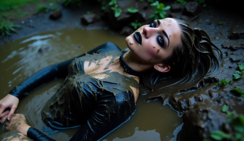 Hyperrealistische Fotografie von zwei Frauen im Schlamm, Schlammspritzer im Gesicht, die Gesichter sind mit Schlamm verschmiert, liegend im Schlamm, viele Frauen im Hintergrund, 30-year-old women smeared with mud, Lena Meyer Landrut, turquoise underbust corset smeared with mud, Fluting, black tulle skirt smeared with mud, turquoise high heeled boots Schaft bis zum Schritt smeared with mud, schwarze Netzstrumpfhose, the entire body, rote lockige Haare sund mit Schlamm verschmiert, die Kleidung ist mit Schlamm verschmiert, High quality, realistische Beleuchtung, Bildmitte, Sanduhrproportionen, 8K, HDR, BDSM, medium breast size, lange Beine, tinted, professionelle Fotografie einer Frau, natural skin texture smeared with a lot of mud, 4K-Texturen, Adobe Lightroom, Fotolabor, HDR, kompliziert, elegant, sehr detailliert, scharfer Fokus, wahnsinnige Details, komplizierte Details, hyperdetailliert, Helles Kinolicht, Außenatmosphäre, Kinn hochgezogen, (exponierter Bauch: 1,8 ), (Fernaufnahme), dominanter Gesichtsausdruck,