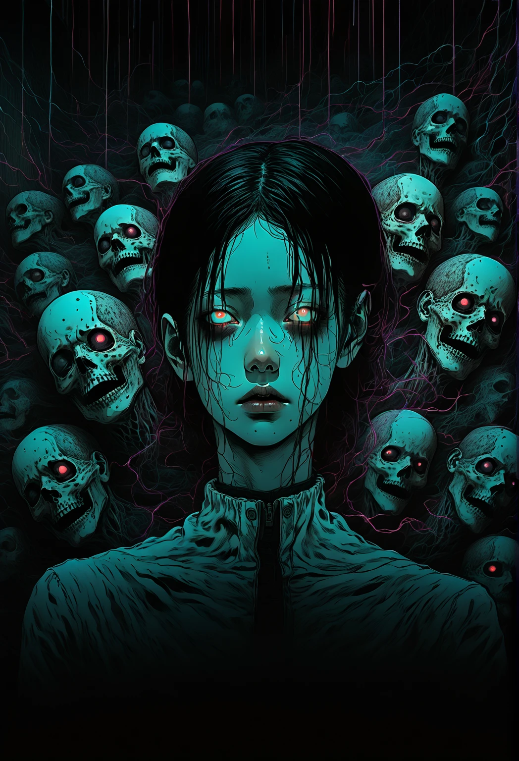 surreal horror, anime style, directed by Junji Ito, high contrast, vivid colors, eerie atmosphere, psychological tension, intricate line work, decapitated heads