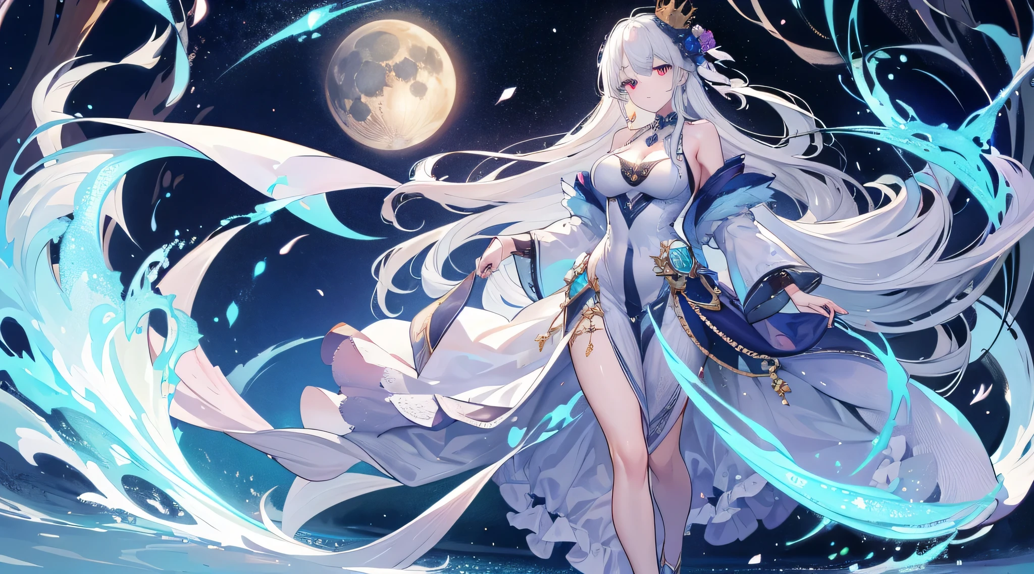 (masterpiece), (best quality), simple background,sitting,1girl,shiny hair,white hair,feather hair ornament, white cloak, ((see-through)),navel,light smile,plant, flower, full_moon,