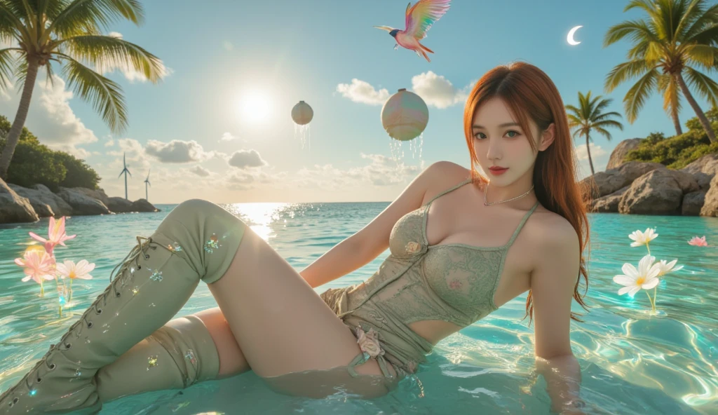 Anime girl in bikini sitting on a beach chair with an umbrella, roupa de banho, Realistic bikini, Impacto de Ayaka Genshin, is wearing a swimsuit, de s da linha de frente, na praia, Melhor Avaliado em Pixiv, Trend in CGTacing:, pixiv 3dcg |, ayaka jogo genshin impact, Relaxando na praia, menina sedutora, Marin Kitagawa Fanart