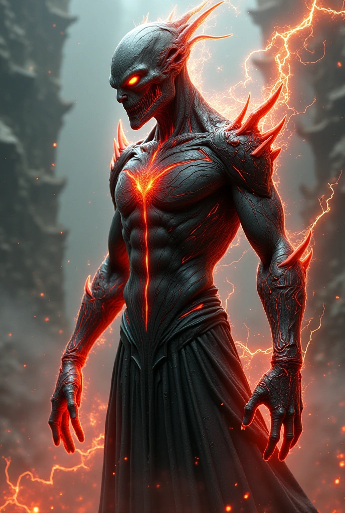 Arafed hombre con cabeza con cuernos y ojos rojos parado frente a un fondo oscuro, muscular!! Science-Fiction, epic digital art illustration, muscular male hero, Arte digital detallado 4K, musculoso cyborg no muerto macho, epic digital painting, Cuerpo con lava negra y roja, muscular character, Arte digital 4K altamente detallado, djinn hombre demonio masculino