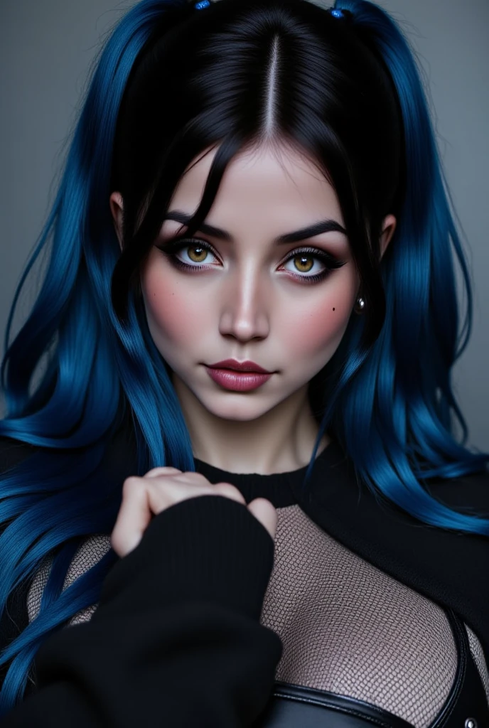 AVATAR SECOND LIFE Korean girl black top and jeans , asian blue hair , rosto perfeito e detalhado, IMVU, detalhes maximalistas, AVATAR SECOND LIFE Korean blouse and pants , neon