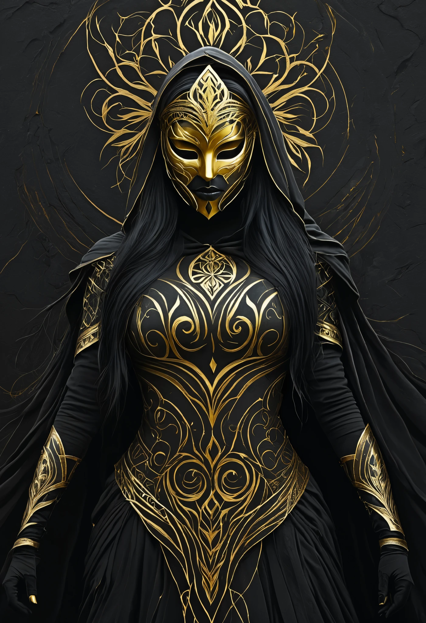 shading with black pencil, Charcoal drawing ,  tinted paper , pencil drawing,  brutal dark b / The color scheme , gold patterns,
poster,  close , full length,  Shadow art . Ghostly female silhouette. Messenger of Nature God. Exiled shaman. integral mask.dark canvas. Canvas hood. rune circle. elements. Strength from within. shiny eyes. physics-based bokeh. size b photorealistic bust