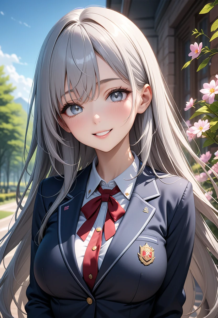 (masterpiece, best quality:1.2), <lyco:attire_uauniforms-17:1.0>, cowboy shot, solo, 1girl, smile, looking at viewer, arms behind back, long hair, u.a. school uniform, grey jacket, red necktie, green skirt
