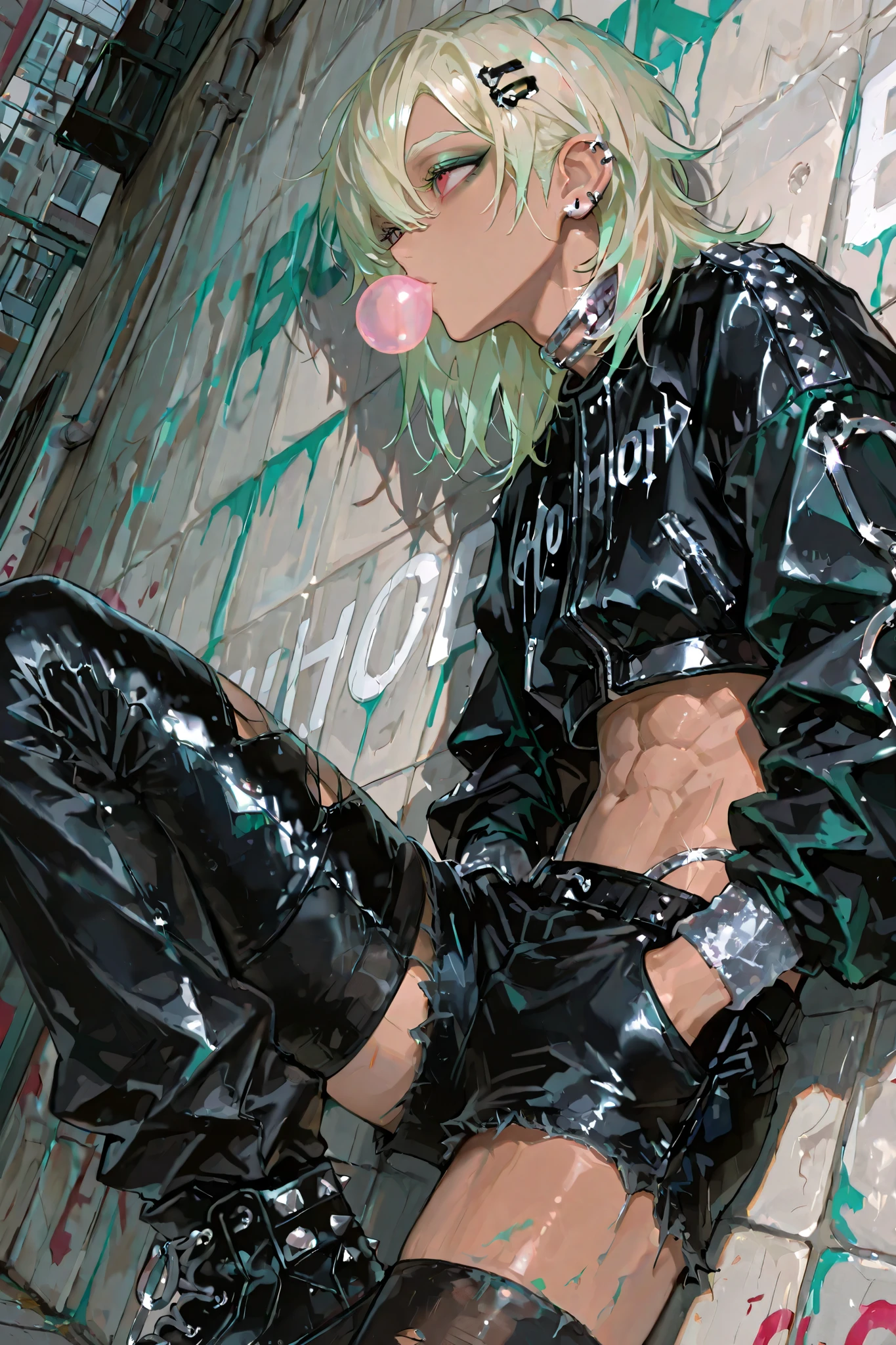1male,handsome,visual kei style,medium hair, heavy black eyeliner, green eyeshadow,black leather outfit adorned with silver chains, studs,His pose is confident,black nail, bob hair, top quality,high quality,masterpiece, gyaruoh, (blonde:1.2), red eyes, androgynous, green hair tip highlight, beautiful young man, slightly muscular, 6 foot tall, hair clips, tanned skin, 18 years old male, solo, detailed face, mullet hair, punk, bolero jacket, (hot pants:1.2), (crop top:1.2), piercings, naval piercing, side parting, high cut thong, adult male, dot eyebrows, hot pants, ripped tights , 748cmstyle, close up, rings, dutch angle, leg warmers, asymmetrical tights, hands on pocket, from side, look up, looking away, bubble gum, leaning against, (one leg up:0.9), city, street, tile wall, (painted wall:1.1), Dutch angle ,BREAK masterpiece,best quality,very aesthetic,