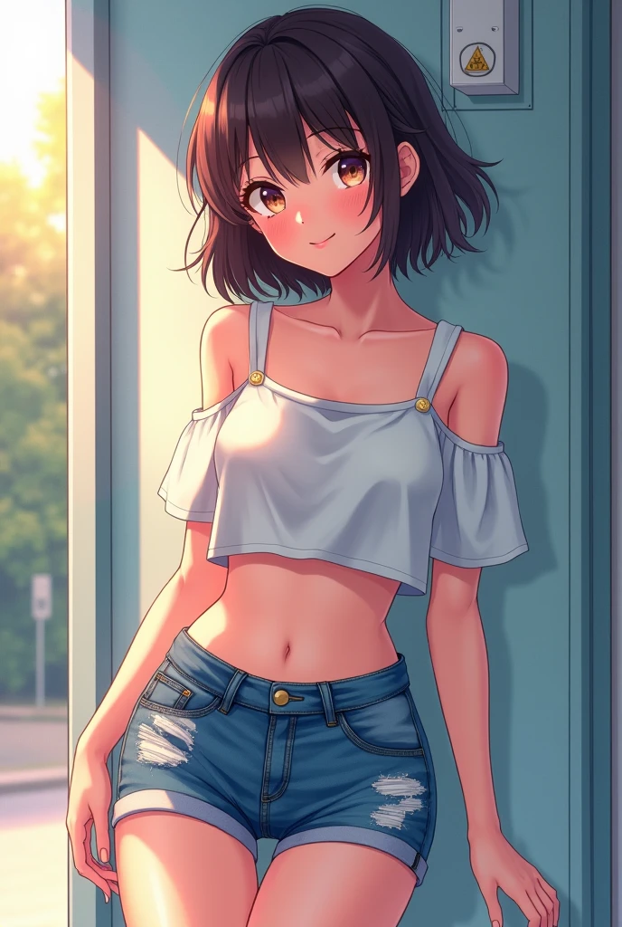 anegasaki nene、Shiny brown hair, short hair, (Beautiful brown eyes、Sparkling eyes, Fine grain)、smile、Ultra-detailed eyes、Highly detailed face, Highly detailed eyes,
One Girl、Perfect Anatomy、Correct human body、Woman with pretty face、Perfect beauty、
,20-year-old,camisole,clavicle,smile,belly button,between legs,Denim shorts,Baggy clothes,Pulling on shirt,Pulling shorts,Stylish woman ,Dressed casually yet stylishly,I looked at the racks of clothes at the department store.. She is on display々While looking at accessories and small items、I was talking to myself.。. Her outfit consisted of a pair of ripped Denim shorts paired with a loose, camisole and a pair of sneakers. She is small, A silver bracelet on her wrist. While she is shopping, The girl is in the store.々Brightly colored and sparkling products々I couldn't help but be fascinated by。. she is cute, Heart-shaped earrings and a matching necklace,Admire them in a bright light, Fluorescent lamp
