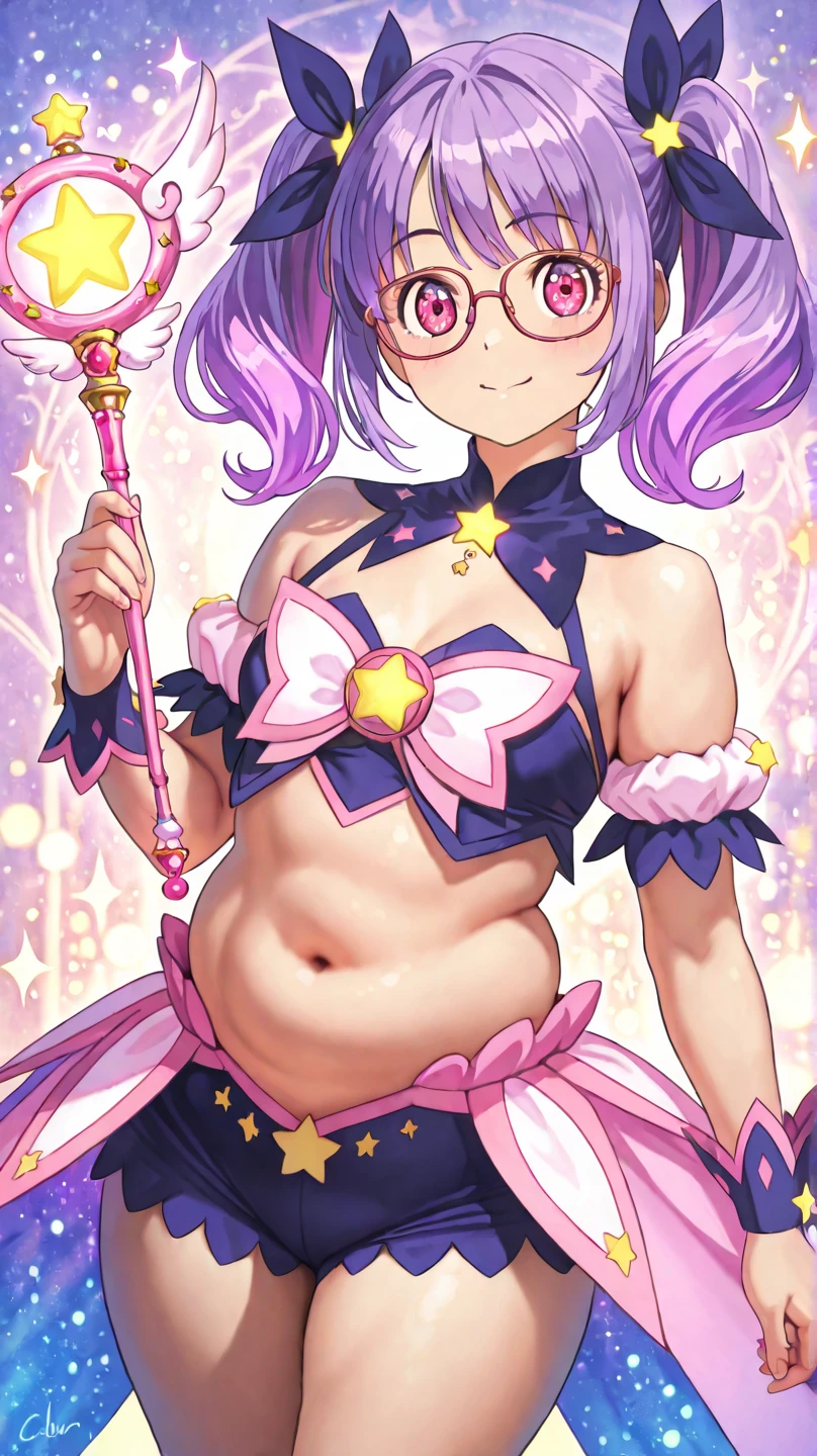 best quality, (masterpiece),(ultra-detailed), (high quality), (high resolution), (3heads:1.5) 1girl, (hot pink hair), (blue hair), ((different hair colors), purple eyes, hair ornaments, magenta armor chest piece, same hair color, teenage girl,((violet magical girl)), magical girl, gentle smile, high school background, (high ponytail), white collar, exposed midriff
