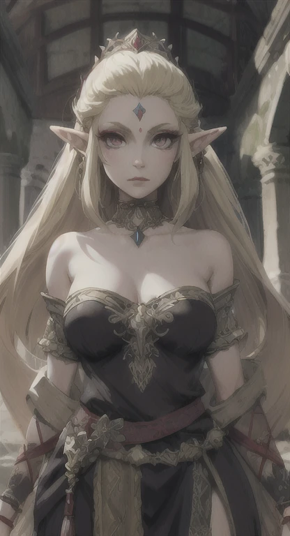 a beautiful blonde woman with elf ears and freckles, beautiful jeweled necklace, detailed face, detailed eyes, detailed lips, detailed and sensual body, large breasts, hourglass waist, fantasy character, super detailed, highly detailed, photorealistic, 8k, intricate details, cinematic lighting, dramatic lighting, warm color tones, magical, ethereal