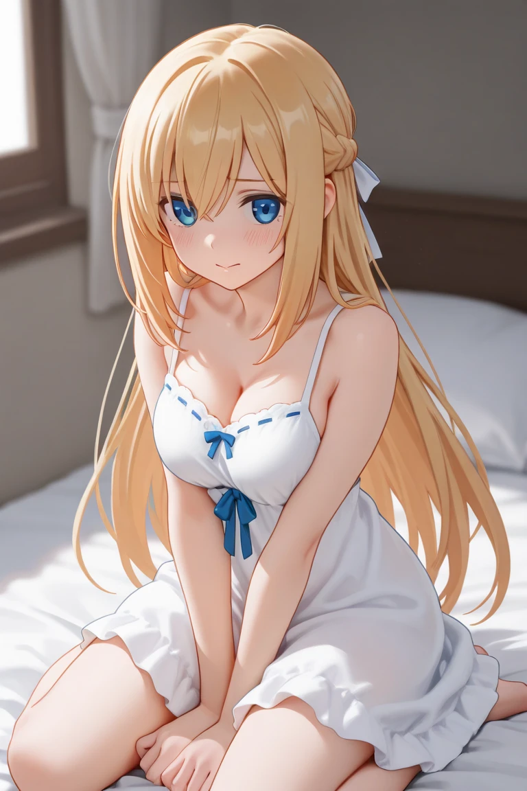 masterpiece, best quality, <lora:carina-nvwls-v1-000009:0.8> carina veritti, sitting, frilled babydoll, silk dress, cleavage, large breasts, furrowed brow, blush, smirk, bed, bedroom, legs