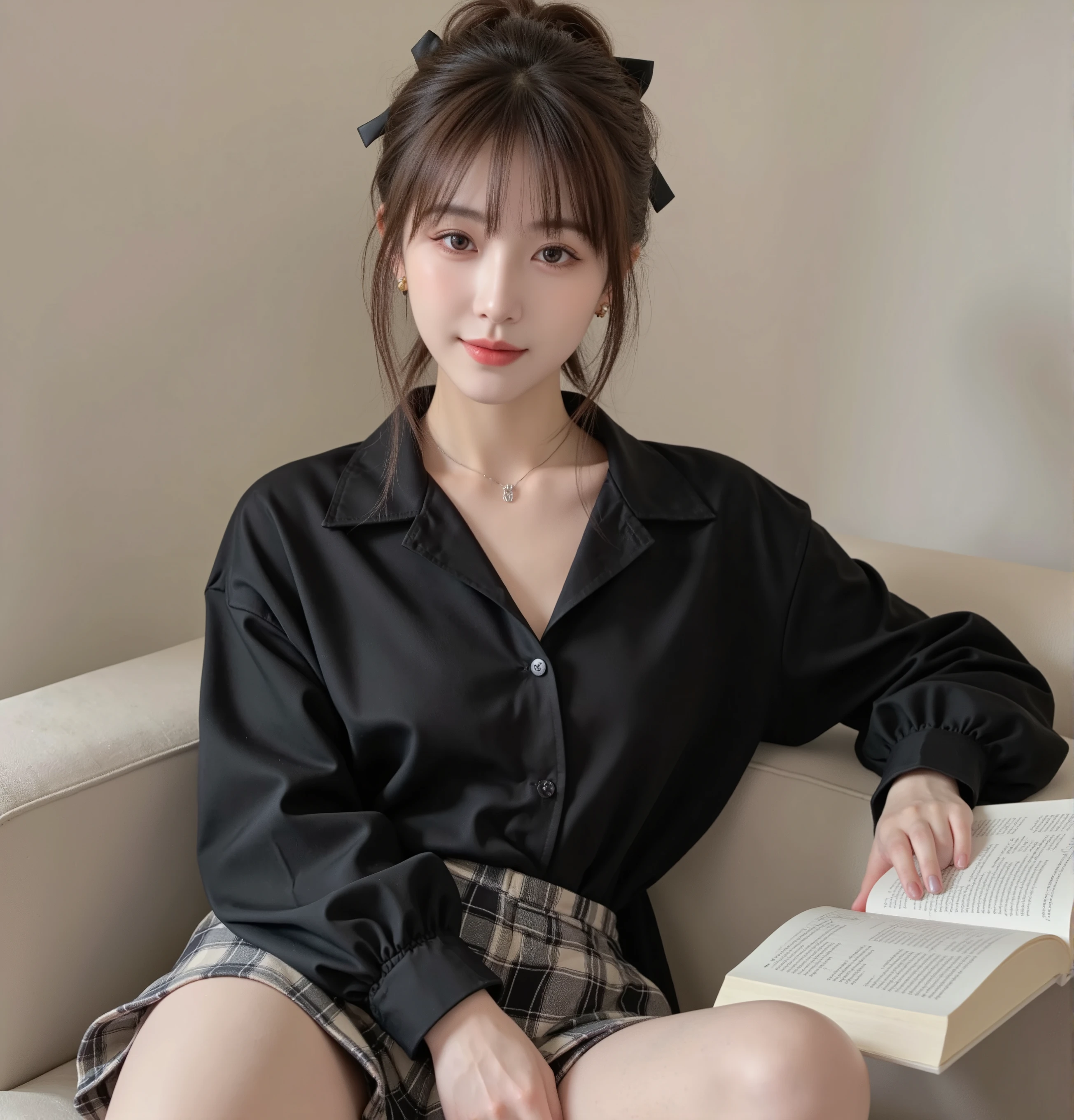 high quality of wavy lines,realistic,Detailed skin texture,Beautiful Japanese 18 year old woman,A pretty expression,seductive smile,virtual YouTuber,4K,fantasy,portrait,details,real,professional,vivid,Bokeh,studio lighting,extreme detail,photo shoot,high dynamic range that closes one eye short ponytail (brown hair 1:2)brown eyes Big cute eyes Young face high nose small mouth long eyelashes double eyelids model figure black ribbon earrings,necklace Natural Makeup 赤い口紅,Big Breasts 1:2,stares at the audience Full body (loose and oversized black rider suit) black blouse plaid mini skirt colorful nail polish Reading a book while sitting on the sofa upper body zoom up