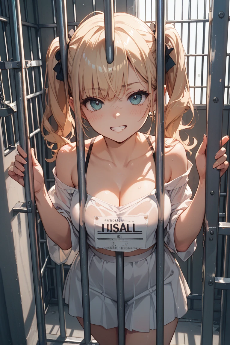 score_9, score_8_up,score_7_up, source_ アニメ, sunlight, sunrays,
BREAK
prison,bars,
BREAK
PekoraPrisoner, Orange Eyes, thick eyebrows, rabbit ears, two-tone hair, blue hair, white hair, messy hair, twintails, striped headwear, prison clothes, metal collar, striped shirt, long sleeves, torn shirt, off shoulder, screaming, bars,(Huge breasts, Breast protrusion, edema), Radiant skin, Skin dents,
