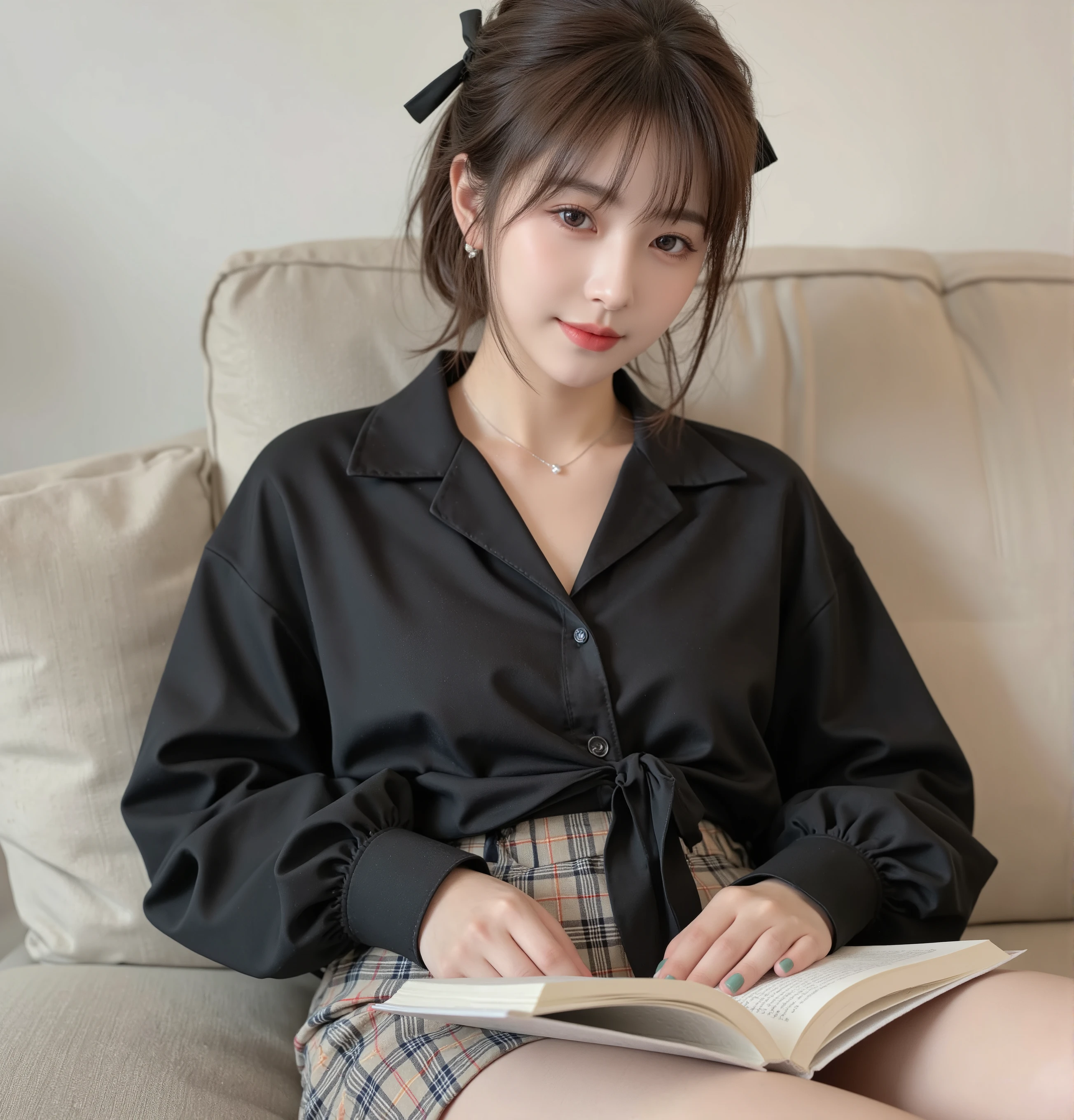 high quality of wavy lines,realistic,Detailed skin texture,Beautiful Japanese 18 year old woman,A pretty expression,seductive smile,virtual YouTuber,4K,fantasy,portrait,details,real,professional,vivid,Bokeh,studio lighting,extreme detail,photo shoot,high dynamic range that closes one eye short ponytail (brown hair 1:2)brown eyes Big cute eyes Young face high nose small mouth long eyelashes double eyelids model figure black ribbon earrings,necklace Natural Makeup 赤い口紅,Big Breasts 1:2,stares at the audience Full body (loose and oversized black rider suit) black blouse plaid mini skirt colorful nail polish Reading a book while sitting on the sofa upper body zoom up