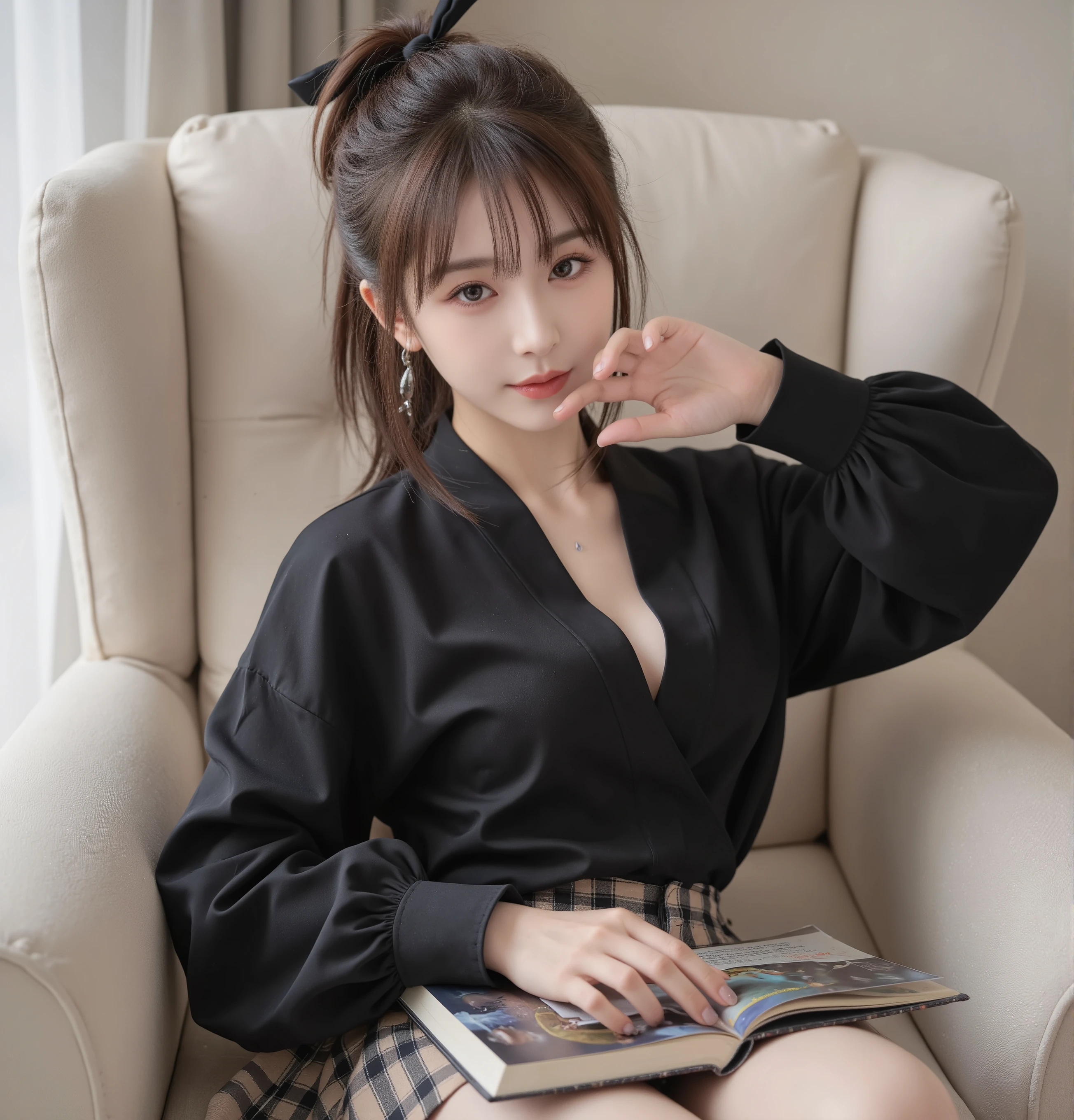 high quality of wavy lines,realistic,Detailed skin texture,Beautiful Japanese 18 year old woman,A pretty expression,seductive smile，virtual YouTuber,4K,fantasy,portrait,details,real,professional,vivid,Bokeh,studio lighting,extreme detail,photo shoot,high dynamic range that closes one eye　short ponytail　（brown hair 1:2）brown eyes　Big cute eyes　Young face　high nose　 small mouth　long eyelashes　double eyelids　model figure　black ribbon　earrings，necklace　Natural Makeup　赤い口紅，Big Breasts 1:2，stares at the audience　Full body　（loose and oversized black rider suit）　 black blouse　plaid mini skirt　 colorful nail polish 　Reading a book while sitting on the sofa 　upper body zoom up