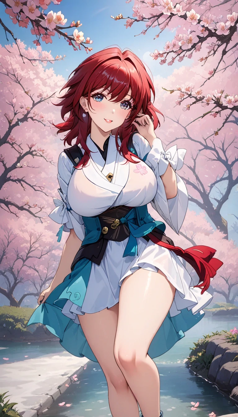 masterpiece, best quality, ultra-detailed, glistening shiny, glowing light, ray tracing, HDR, deph of field, (perfect face, detailed face, detailed eyes,perfect hands),(medium boobs:1.2),8k,HD,ultra realistic face,ray tracing,perfect lighting,best quality, ultra-detailed, shiny eyes, (looking at viewer,open mouth smile:1.1), ((1girl)), (mature female:1.4),cowboy shot,thighs,pov,(from below:1.2),((nsfw,)),
miku,long hair,((gradient hair)),multicolored eyes, gradient eyes, (glowing eyes:1.5), mascara, (fashion make up), parted lips,blush,headphones around neck, bent over,,,
((middle of japanese countryside,japanese bridge,over the bridge,river,cherry trees,cherry petals,dark blue sky,Koi on river)),(complex background, many elements in the background:1.2),((super detailed background)), mistress poses, ((8k wallpaper)),