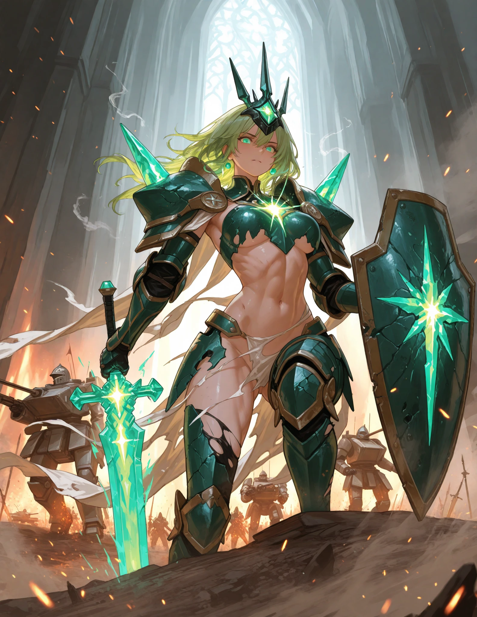 Adult female with green long hair, female general, golden forehead protector, black armor, chest cleavage, feet, iron boots, whole body with thunder and lightning
