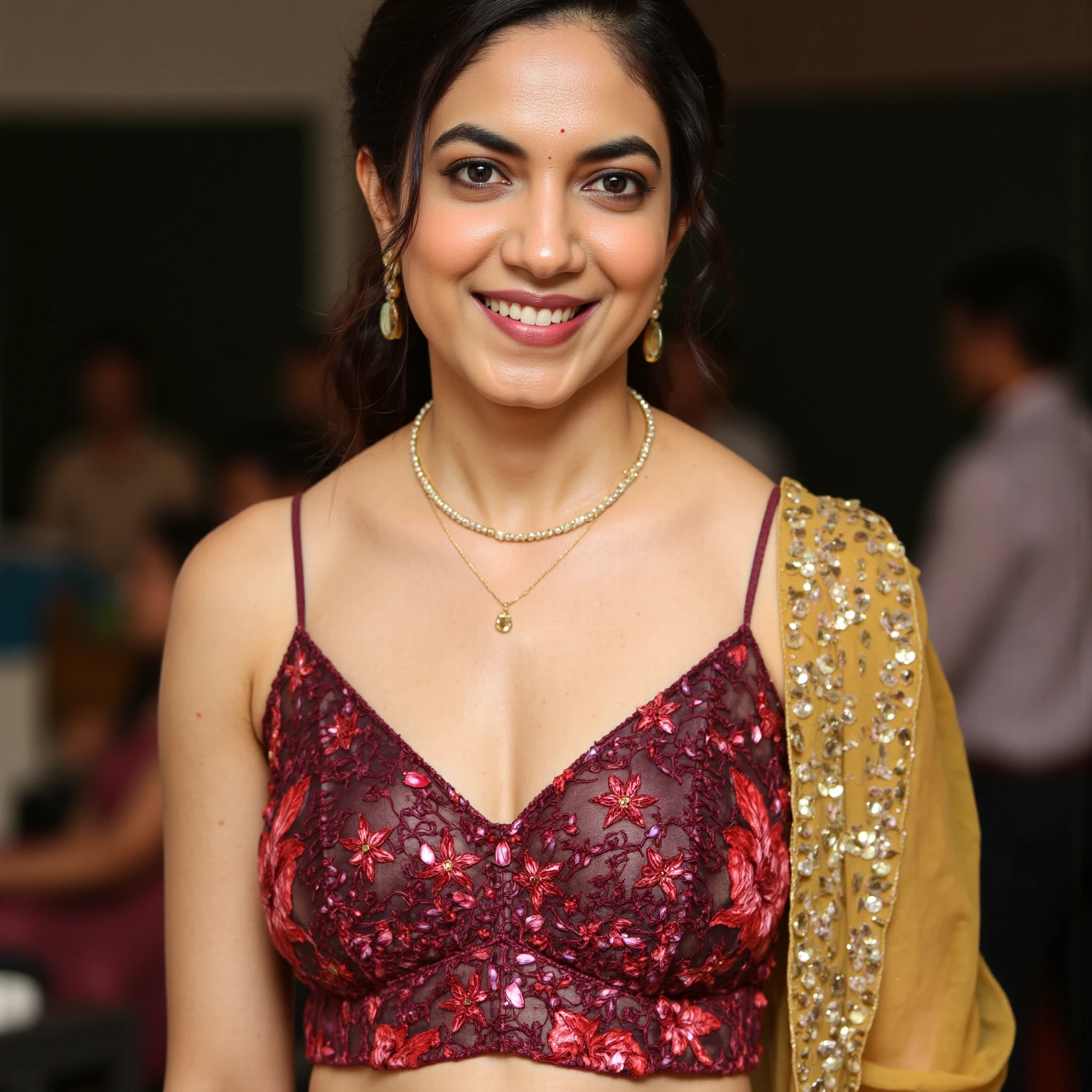 photo of mdra woman, conservatively dressed, wearing Maroon high neck kurta_with_Jeans that covers the chest breasts and midriff, dynamic pose, smiling, simple futuristic interior background in bokeh <lora:mdra_Mandira_Bedi_SD15_LoRA_prodigy_local_regs:1>