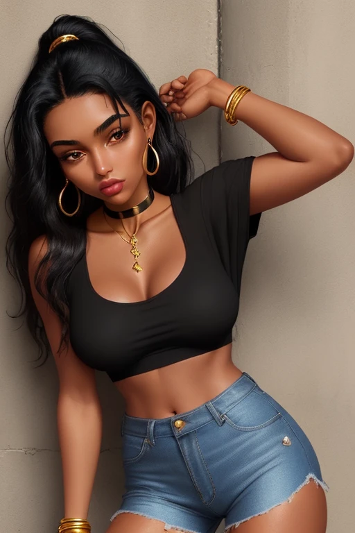 a beautiful ebony woman, curvy figure, wide hips, plump ass, g-cup breasts, wearing tight jeans booty shorts and a tight bralette top, golden jewelry, braided black hair, photorealistic, 8k, detailed face, beautiful eyes, realistic skin, intricate details, dramatic lighting, cinematic style, vibrant colors