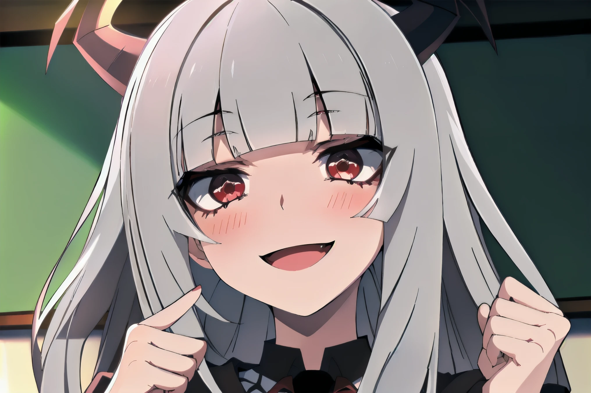 ((1girl spider)), horns, ((((long silver hair)))), (((red eyes))), (((blunt bangs))), ((spider body)), ((white tights)), ((melhor qualidade)), (((maçante smile))), blushing, happy, (((Very happy))), (black School uniform), (detaleidd), perfect face, ((style novel)), beautiful cores, ((anime_collors)), ((in classroom)