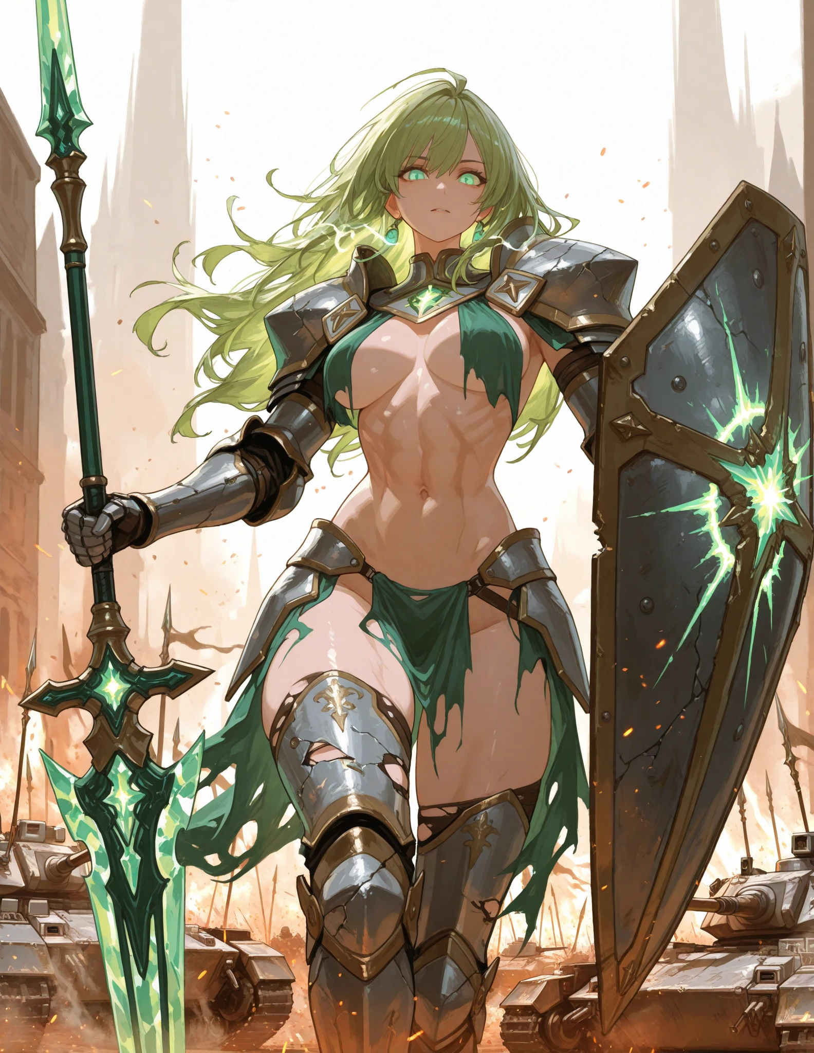 Green long hair, golden forehead protector, Valkyrie, black bikini, armor, breasts, cleavage, skirt, iron boots, whole body, thunder spear