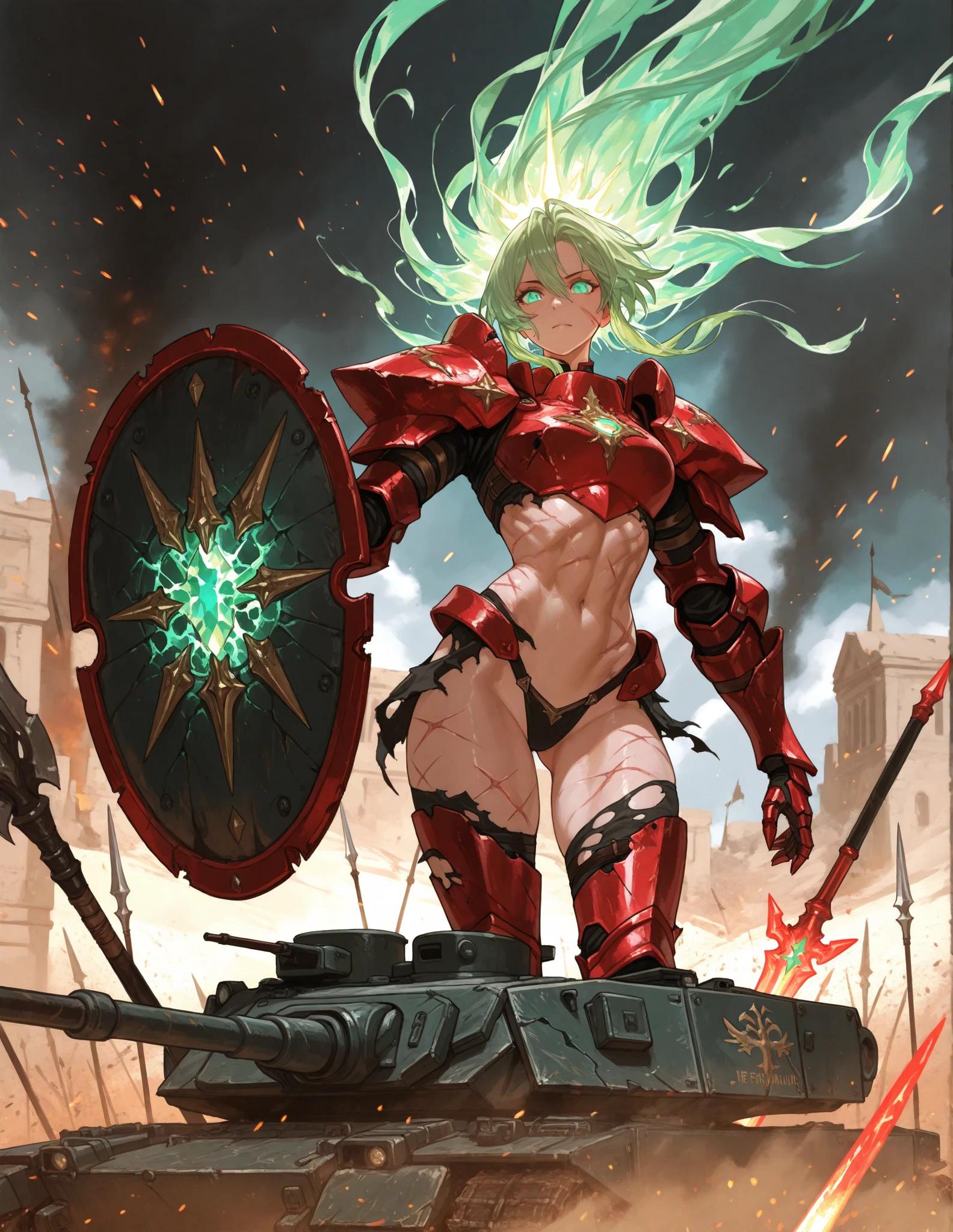 A fierce orc warrior, her emerald green skin gleaming under the harsh light of a burning battlefield, green skin, 8k, high resolution. Muscular, fit, Crimson eyes blazing with ferocity beneath her intricately braided ebony hair. The intricate iron and obsidian armor she wears reflect the flames consuming the land around her, a spear, engulfed in an eerie, green fire held aloft, symbolizing her unbroken spirit, black armor, armored dress, armored boots,