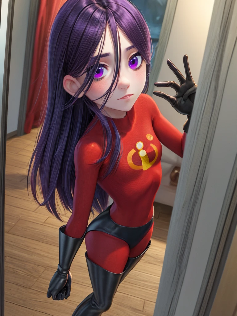 ((best quality)), ((highly detailed)), masterpiece, (detailed eyes, deep eyes), (1girl), reflection, cowboy shot, <lora:hairdetailer:.7>, <lora:VioletParr:.9>, violetparr, black hair, long hair, hair over one eye, purple eyes, red bodysuit, gloves, boot, thighhighs, thigh boots, latex, (indoors, in an entryway)
