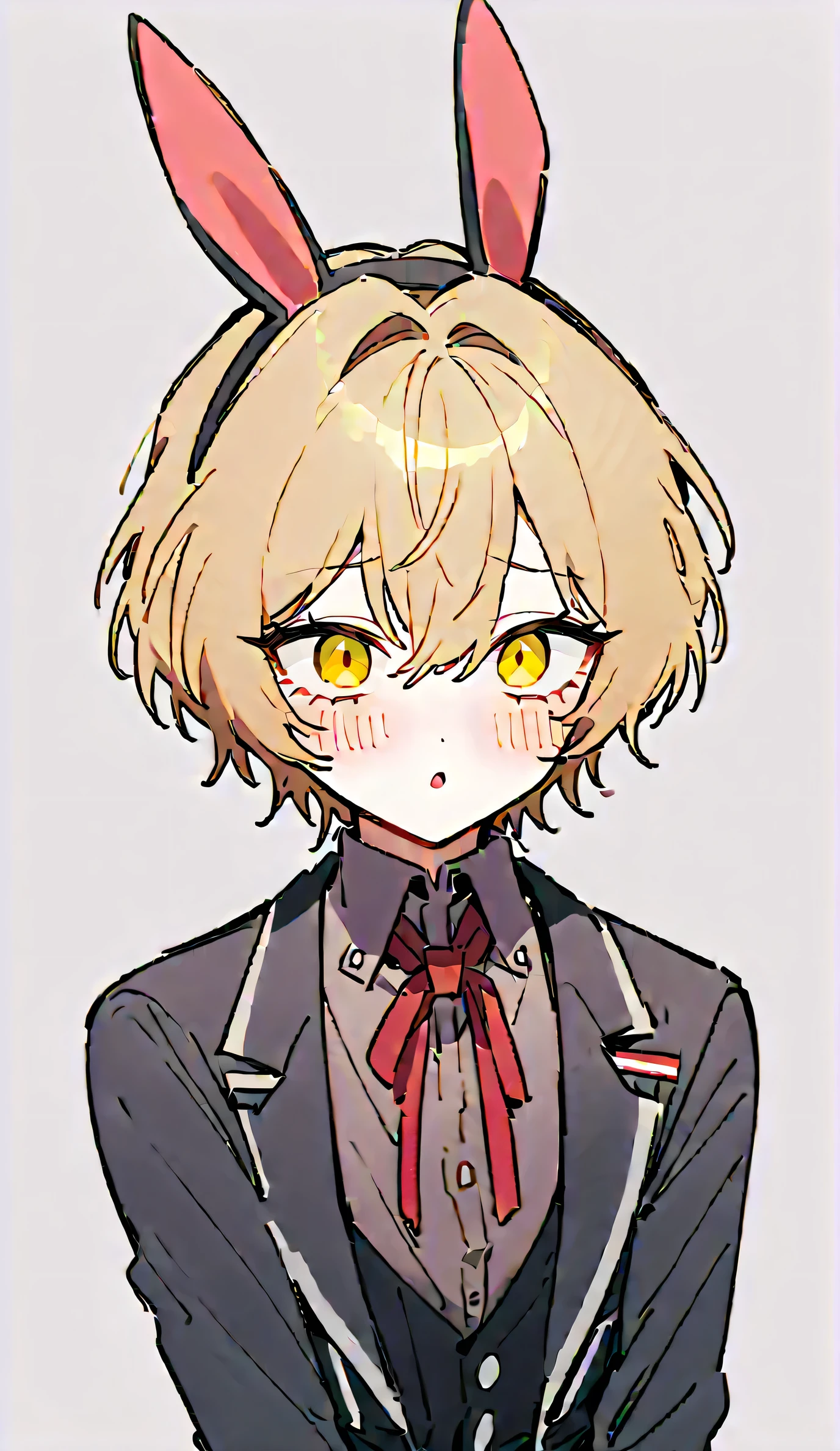1 boy,bunny_ears,highres,limbus_company,male_focus,project_moon,short_hair,simple_background,sinclair_(project_moon),solo,upi_(ukn18pkanother),yellow_eyes, best_quality, masterpiece,cute,blush,:o,bunny_boy,